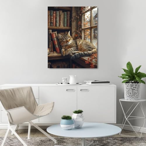 Clendo Sleeping Cat Paint by Numbers Kit for Adults - Bookshelf Paint by Numbers for Adults Beginner, DIY Acrylic EasyPainting by Number on Canvas Home Wall Decor 16”W x 20”L