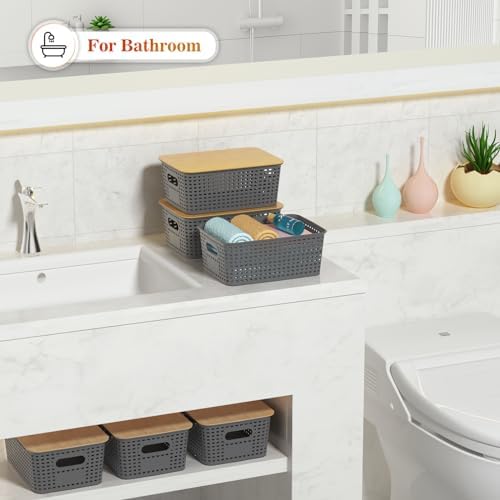 Ohmlove 6 Pack Plastic Storage Baskets with Bamboo Lids for Organization