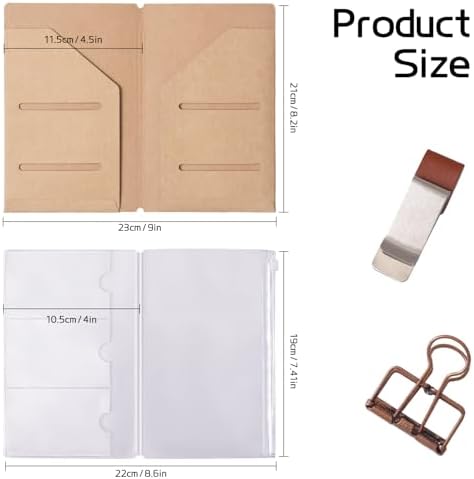 Roadtofree Passport Size Travelers Notebook Accessories Kit - All-in-One Set with Kraft Folder, PVC Zipper Case, Pen Holder, Binder Clip & 2 Elastic Bands for Travel Journal, Daily Use (Kraft, Standard Size 1 PC)