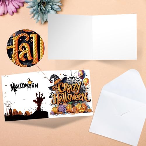 antor 6 Pack Halloween Diamond Art Cards Kits - DIY 5D Diamond Painting Greeting Cards with Envelopes, Handmade Halloween Craft Kits for Adults, Rhinestone Pumpkin Witch Card Set