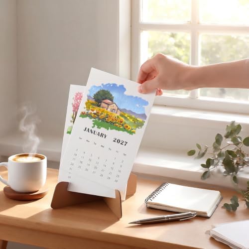 Faccito Watercolor Calendar Set for 2027-2028 Paint Desk Calendar 24 Sheets Watercolor Paper Bulk with Desktop Bracket Art Supplies for Crafts and DIY Media(5.1x7.5inch)