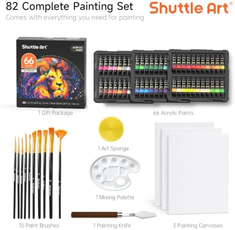 82 Pack Acrylic Paint Set, Shuttle Art 66 Colors Acrylic Paint with 10 Brushes, 22ml/0.74oz Tubes, Vibrant Colors, Artist Painting Supplies for Kids, Adults Painting & Crafting on Canvas, Wood Ceramic