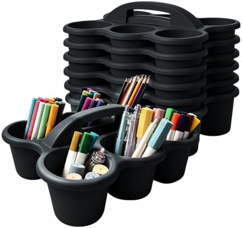 6 Pack Classroom Caddy Organizer with Handle Black Plastic Table Caddy 6 Compartments Storage Cup Holder for School Supplies Art Crafts Crayons Pencils Stackable Desk Caddy for Office Home