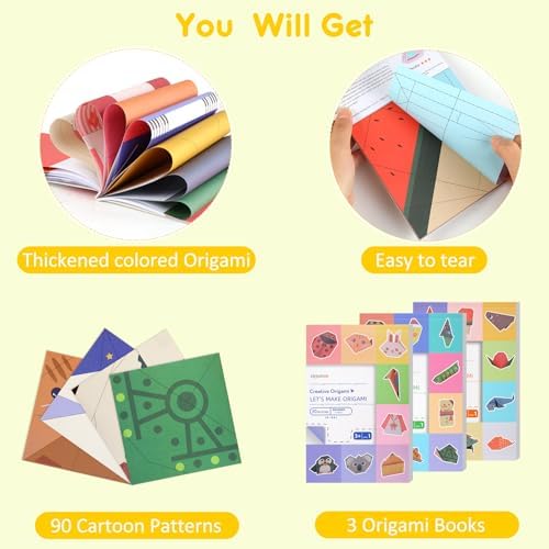 Origami Paper for Kids Ages 5-8,8-12, Double Sided Origami Kit 90 Patterns, Easy Fold Beginner Set with Guide Book, Summer Indoor & Classroom Crafts /DIY Birthday Holiday Gifts for Boys Girls