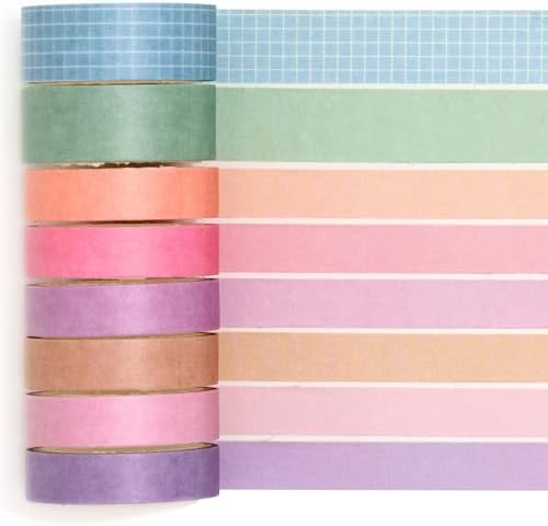 YUBBAEX 8 Rolls Basic Washi Tape Set Solid Color Grid Masking Decorative Tapes for Arts, DIY Crafts, Journals, Planners, Scrapbooking, Wrapping (Rainbow)