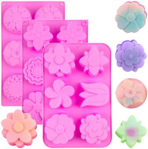 Silicone Soap Molds 3 Pack 6 Cavities Different Flower Shapes Silicone Mold for Handmade Soap Bath Bombs Lotion Bar Candle Chocolate Desserts Biscuit Pudding Teacake Jelly