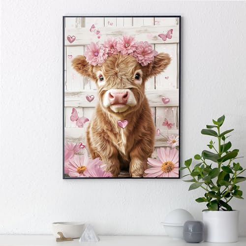 Yezavesu Highland Cow Diamond Art Kits for Adults Beginners 12x16 Inch | Cute Pink Cow Diamond Painting Kit, DIY 5D Full Round Drill Gem Art, Stress Relief Craft Kits, Home Wall Decor Gift