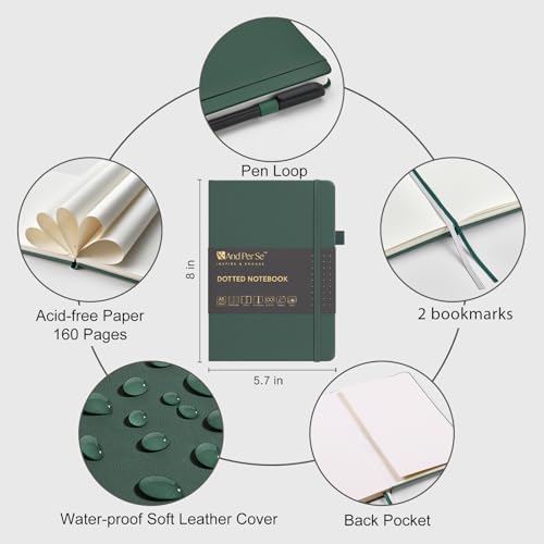 &And Per Se Dotted Notebook with Pen, A5 Hardcover Dotted Journal, 160 Pages 100GSM Thick Paper Dot Grid Journal with Fineliner Pen (Green)
