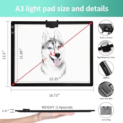 A3 Light Board for Diamond Painting - Rechargeable Tracing Light Box with Carry Bag, 3 Colours Stepless Dimmable 6 Levels Brightness Light Pad, Battery Powered Portable Light Pad for Tracing