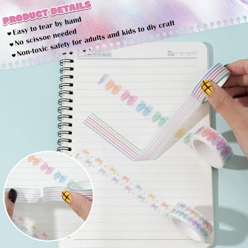 Watercolor Bow Washi Tape - 24 Rolls Colorful Watercolor Bow Pastel Preppy Aesthetic Scrapbook Washi Adhesive Glue Masking Tape Set School Office DIY Craft Scrapbooking Junk Journal Supplies