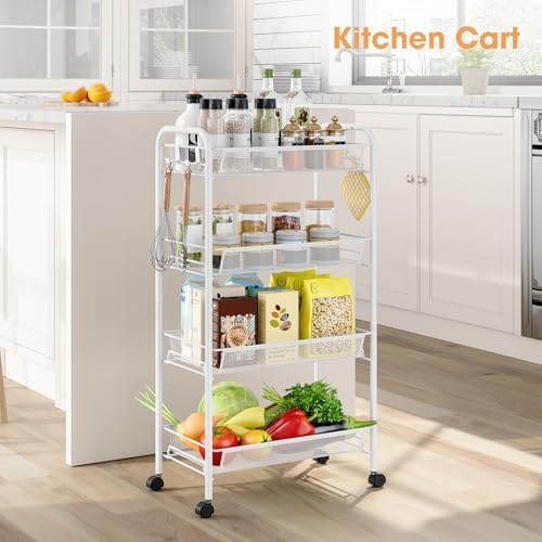 TOOLF 4 Tier Rolling Cart, Metal Utility Storage Cart with Wheels, White | 3 Hooks, Screwless Assembly, Trolley Organizer for Bathroom, Kitchen, Office, Nursery, Dorm, Laundry Room