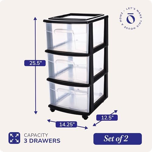 HOMZ Drawer Tower 3-Tier Storage Cart, Removable Wheels, Black Frame,2 Pack
