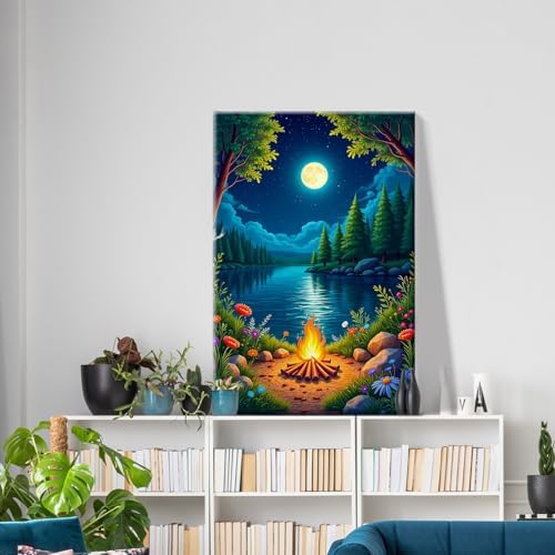ATDMS Landscape Paint by Numbers Kit for Adults with Frame Moon Paint by Number with Easel Lake Adult Paint by Number Kits Framed Canvas DIY Oil Painting by Numbers for Gift Home Wall Decor 8x12 Inch
