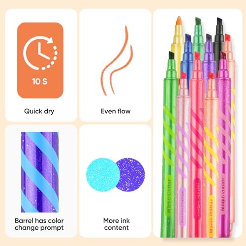 JoyCat 10-Pack Glitter Color Changing Markers for Kids, Dual Tip Magic Pens