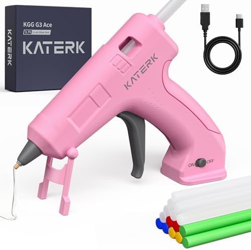 Katerk 3.7V Cordless Hot Glue Gun Kit, 90s Fast Heating, Mini Glue Gun with 15 Glue Sticks, USB-C Rechargeable with 2000mAh Built-in Battery, Ideal for DIY, Gift Making, School Crafts & Repairs (Pink)