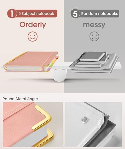 Hardcover Spiral Notebook journal with Removable Dividers Tabs, 300 Pages Leather 5 Subject Notebook College Ruled, 8"x10" Large B5 Notebooks for Work School Note taking, Lined Journal for Women,Pink