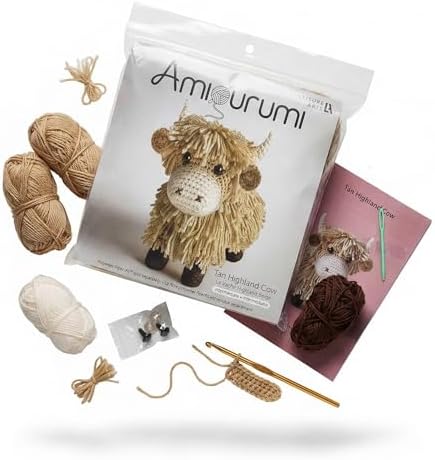 LEISURE ARTS Amigurumi Highland Cow Crochet Kit Tan – Adult Crochet Kit for Amigurumi Animal Project, Highland Cow Plush 8 Inch Finished Figure
