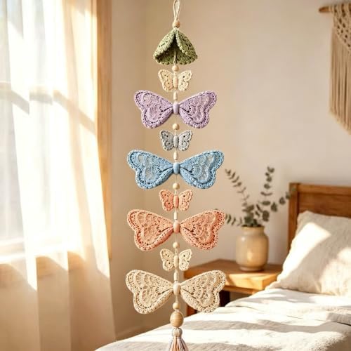 CHIANART Butterfly Garden Cascade DIY Crochet Kit, Step-by-Step Tutorials with Soft Yarn & Hook, Butterfly Garden Cascade Hanging Ornament for Windows or Bedrooms.，B