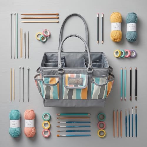 Everything Mary Deluxe Store & Tote Organizer – Grey Stripes Craft Caddy with Handle – Art Storage Tote for Sewing, Scrapbooking, DIY Projects & Crafting Tools