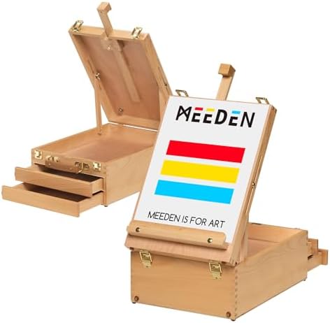 MEEDEN Large Tabletop Easel Sketchbox, Adjustable Solid Beech Wood Desktop Easel Box, Travel Easel for Artists, Table Top easels for Painting, Wooden Art Storage Box for Artist, Adults & Beginners
