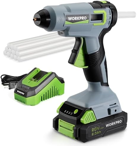 WORKPRO 20V Cordless Hot Melt Glue Gun Kit, 12 Pcs Full Size Glue Sticks