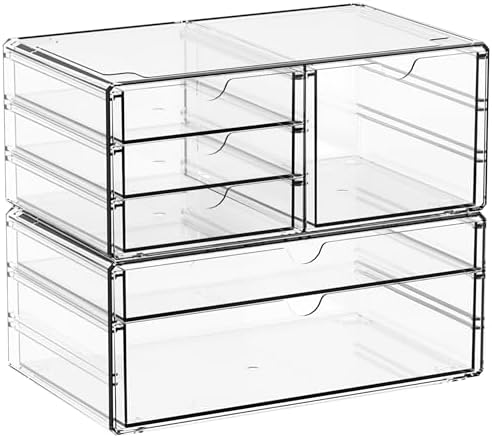 Yieach 2 Pack Acrylic Drawer Organizer With 6 Drawers,Stackable 11.1” Large Clear Storage Drawers and Makeup Organizer For Vanity,Bathroom Countertop,Cabinet,Pantry,Office Supply Storage Bins Drawers