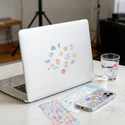 Cute Stickers Blue Ocean Theme Puff Stickers with Glitter Kawaii, Jellyfish, Conch, Shell, Small Fish 3D Puffy for Scrapbooks Planner Journals Laptops Phone Case Decoration Laptops Phone Case DIY
