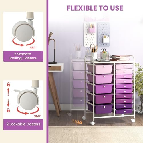 GOFLAME 15-Drawer Rolling Storage Cart, Craft Storage Cart with Removable Drawers & Lockable Wheels, Art Cart Supply Storage Organizer for Home Office Classroom, Purple Gradient