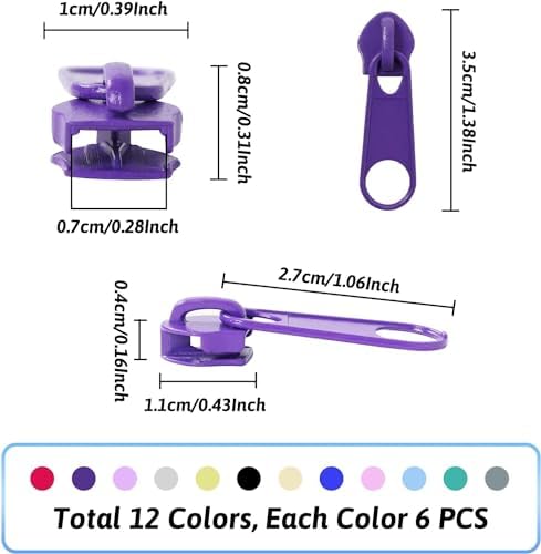 DOITEM 72Pcs Zipper Repair Kit - 5# Zipper Pull Rescue Kit for Clothing, Jackets, Purses, Luggage, Backpacks (12 Colors)