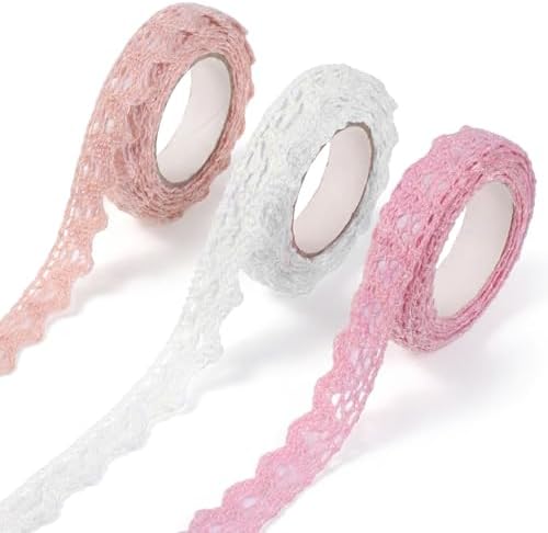 3 Rolls 0.6" Wide 2 Yards Self-Adhesive Lace Tape Lace Ribbon, Vintage Cotton Washi Trim Stickers Masking DIY Craft Decorative Tapes for Arts, DIY Crafts, Scrapbooking, Gifts Decoration, 3 Colors