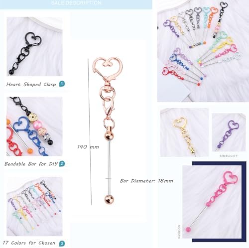 Beadable Keychain Colorful Heart/Triangle Shaped Blank Bar with Snap Hook for DIY Craft Making Kit