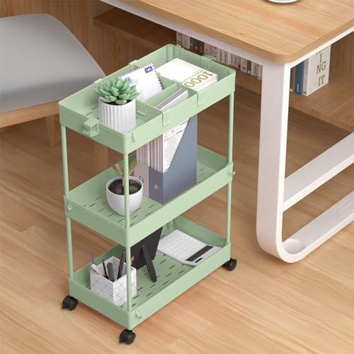 SPACELEAD 3 Tier Rolling Cart with Wheels, Storage Craft Art Trolley Organizer Serving, 3 Hanging Baskets Easy Assembly, for Office, Living Room, Kitchen, Green