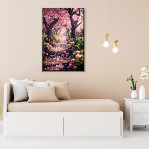 JOOZ Paint by Numbers Kit for Adults Landscape Paint by Number with Frame DIY Cherry Blossom Paint by Number with Easel Flowers Paint by Numbers Kit on Canvas for Gift Home Wall Decor 7.87x11.81 Inch