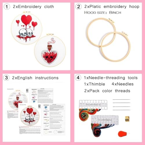 Halloween Goth Embroidery Kits for Beginners Adults, Dark Skull Embroidery Sets Needlepoint Kits, Halloween Stamped Cross Stitch Kits for Beginners Adults, 2 Embroidery Hoops (Attached Video Tutorial)
