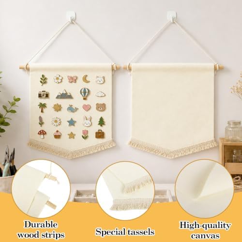 Klmnop 5 Pcs Blank Canvas Banners with Tassels, Enamel Pin Display Banner Wall Hanging, Sublimation blank Banner for Pin Brooch Earrings Jewelry Craft Decor, Beige