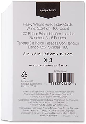 Amazon Basics Heavy Weight Ruled Index Cards for Studying and Note Taking, White, 3" x 5", 300 Count (Pack of 24)