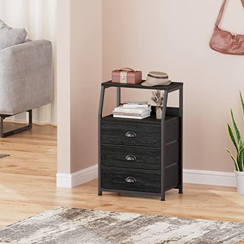 Furnulem Black Night Stand, Small Bedside Table for with 3 Fabric Drawers