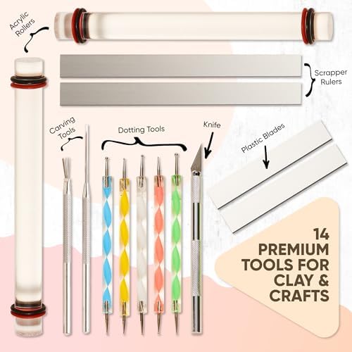 14 Pcs Polymer Clay Tools Acrylic Roller Clay Rolling Pins for Baking with Thickness Rings, Tissue Blade, Slicer Knife, Dotting Tools, Sculpting Earring and Jewelry Making Kit for Modeling and Shaping