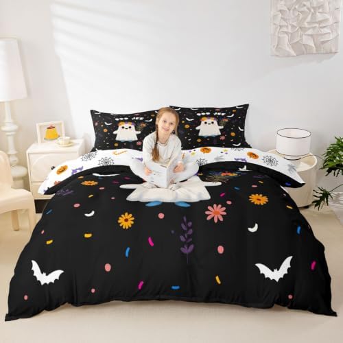 Erosebridal Spooky Ghost Duvet Cover Queen Size Cute Flower Bedding Set for Adults Teens Women Cartoon Bats Comforter Cover Kawaii Halloween Artwork Bedclothes Room Decor