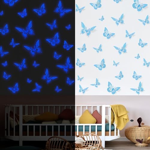 SAOROPEB Glow in The Dark 3D Butterfly 24 Pcs Blue Butterfly Stickers | 3 Sizes, Luminous for Ceiling or Wall, Glow in The Dark Party Supplies, Removable Luminous Stickers for Kids Babys Nursery