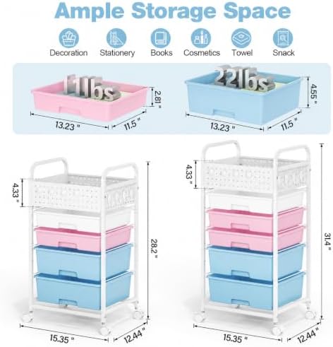 4 Drawer Rolling Storage Cart with Pegboard Top and Hooks, Pink&Blue