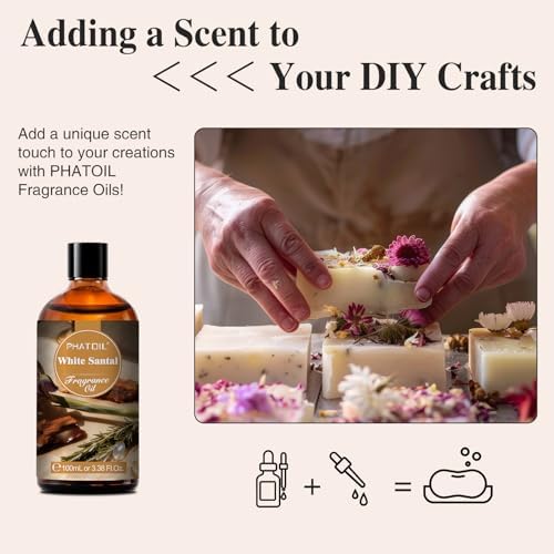 PHATOIL White Santal Fragrance Oil for Diffuser Aromatherapy 3.38FL.OZ | Long Lasting Scented Oils For Humidifier, Air Freshener, DIY Soap Candle, Scent Project Making, Aroma Oil for Home Freshening