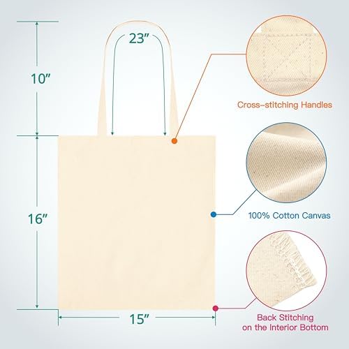 Phicorn Canvas Tote Bags, 15 x 16 in, 8 oz Cotton Blank | Long handles and reinforced stitching; blank cotton canvas for crafts, gifts, shopping, events, and everyday carrying