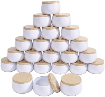 24 Pack 8 oz Candle Tins with Lids, Empty Metal Jars for Candle Making, Matte White Candle Containers with Wooden Grain Lids for DIY Aromatherapy, Bulk Candle Making Supplies for Making Small Business