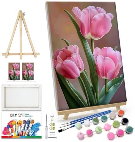 JOOZ Paint by Numbers Kit for Adults Flowers Paint by Numbers Kit with Frame DIY Tulip Paint by Number with Easel Floral Adult Paint by Number Kits Canvas for Gift Home Wall Decor 7.87x11.81 Inch