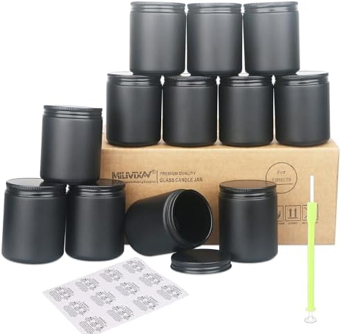 MILIVIXAY 12 Pack 8 OZ Thick Glass Matte Black Candle Jars with All Black Metal Lids-Bulk Empty Candle Jars for Making Candles-Canning Jar for Spice, Liquid, Sample- Dishwasher Safe.