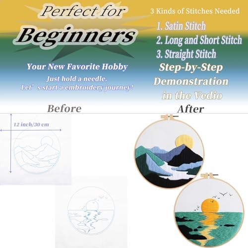 FONNUY 2 Set Embroidery Kit DIY for Adult Beginner, Pre-Stamped Patterns Mountain Sea Embroidery Kits with Hoop, Colored Threads and Needles, Easy to Follow Needlework (Blue)