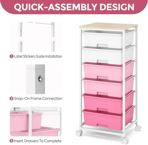 6 Drawer Rolling Storage Cart with Wooden Top and Wheels for Crafts, Pink