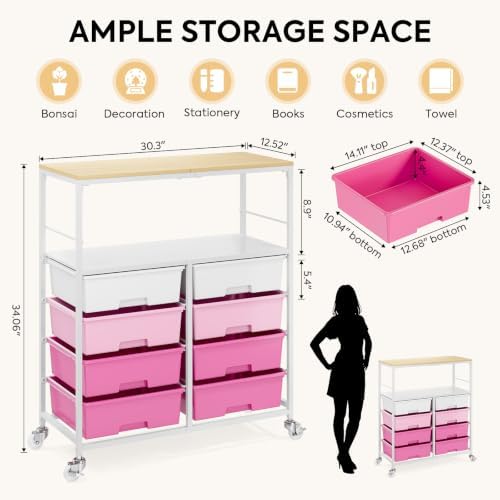 APEXCHASER Rolling Storage Cart with 8 Large Drawers, Wooden Tabletop