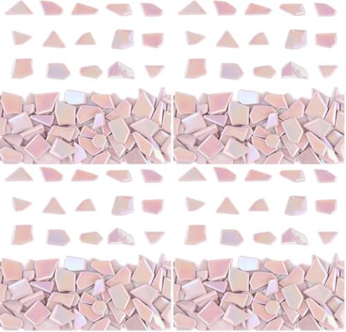 Youway Style Iridescent Glass Mosaic Tiles for Crafts Bulk,200g Pink Broken Mosaic Glass Pieces for Garden Crafts Kits,DIY Mosaic Art Decor (Pack of 4)
